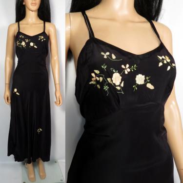Vintage 40s Bontell By Bonwit Teller Bias Cut Tie Waist Silky Rayon Floral Applique Slip Dress Size M 