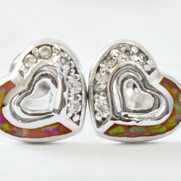 60's sterling fire opal crystal heart in heart dainty bling studs, lovely little 925 silver opal rhinestone sweetheart sparkle post earrings 