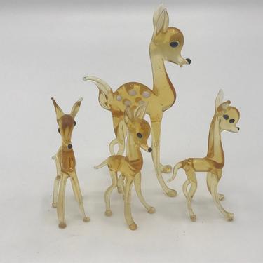 Adorable Vintage set of (4)  Hand Blown Miniature Family of Amber Brown Glass Deer and Fawns 