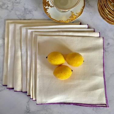 Vintage Linen Napkins, s/7 | ivory linen with purple overcast edges, 16&amp;quot; square napkin, vintage napkins, purple table linens, gifts under 30 