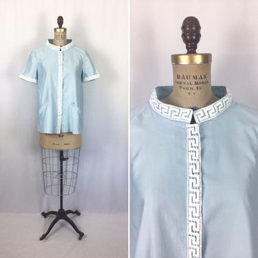 Vintage 50s blouse | Vintage white blue cotton maternity top | 1950s Heir Lane tunic shirt 