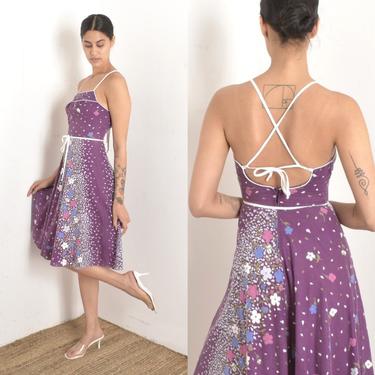 Vintage 1980s Dress / 80s Backless Floral Sundress / Purple ( XS extra small ) 