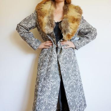 Metallic Leopard Print Coat with Attached Fur Stole Cheetah Animal Print 90s 