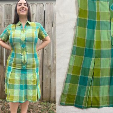 Vintage 1960s Mod Scooter Dress | Lime + Turquoise Plaid Day Dress, Kick Pleat Dress, Zip Up Shirt Dress L | Serbin of Florida Muriel Ryan 