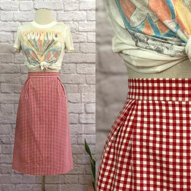 Vintage Retro Red/White Gingham Pencil Skirt Knee Length High Waisted Size Small Medium Classic Tailored Fit Inverted Pleat Details Classic 