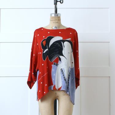 vintage 1980s 90s geisha top • bright red novelty & polka dot pattern batwing blouse • Japanese genroku culture 