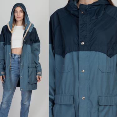 80s Woolrich Blue Color Block Rain Jacket - Men's Large, Women's XL | Vintage Two Tone Hooded Windbreaker Lightweight Coat 