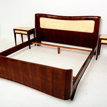 1950 Italy QUEEN Bed Set Sculptural Buffa Headboard Nightstands Walnut Parchment 