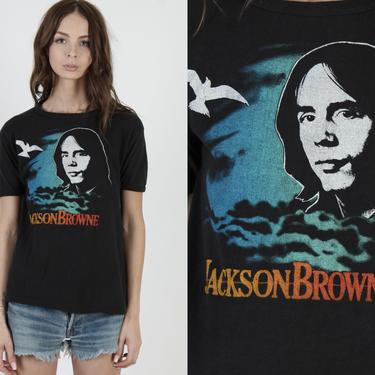 1970s Jackson Browne T Shirt / Vintage 70s Running On Empty Album / Thin Black Cotton Pakistan T Shirt / Rock Band Mens Womens T Shirt 