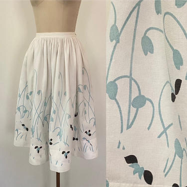 Vintage 1950s Skirt 50s Full Cotton Border Print Gathered Skirt Size Small 