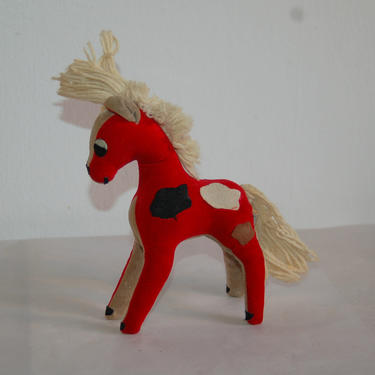 Vintage Christmas Red, Plush, Velveteen Patches Horse / Pony with Yarn Mane &amp; Tail Figure, sawdust stuffed, Dream Pet ~ Japan ~ 1970's 