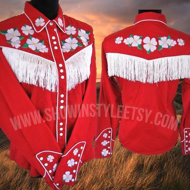 Panhandle Slim Vintage Retro Women's Cowgirl Shirt, True Red with White Fringe & Embroidered Pink Blossoms, Tag Size Large (see meas. photo) 