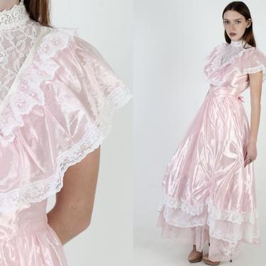 Pink Opalescent Victorian Dress / Vintage 80s Shiny Full Skirt Prom Dress / Shimmery Fairytale Princess / White Lace Gown Maxi Dress 