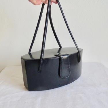 Vintage 1950's Black Leather Structured Oval Box Purse Coffin Double Top Handles Rockabilly Swing 50's Handbag 