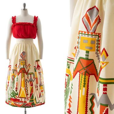 Vintage 1970s Maxi Skirt | 70s Kachina Doll Cactus Native American Novelty Border Print High Waist Skirt (large) 