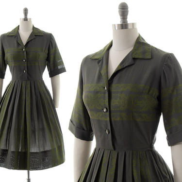 Vintage 1950s 1960s Shirtwaist Dress | 50s 60s Geometric Woven Dark Green Cotton Full Skirt Fit and Flare Day Dress (small/medium) 