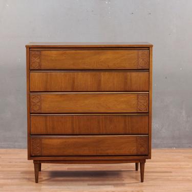 Mid Century Accented Walnut 5-Drawer Highboy Dresser – ONLINE ONLY