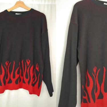 Vintage 2000 Ocean Current Pullover Flame Sweater - Y2K Millennium Black Acrylic Knit Fire Sweater 