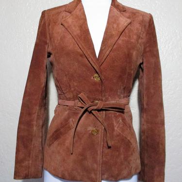 Vintage 1970s Winlit Brown Seude Leather Jacket, XS Women, Boho, belted 