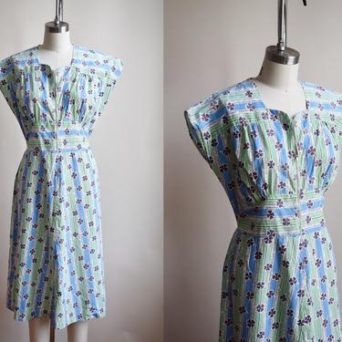 1940s Lucky Clover House Dress | Blue/Green | Vintage 40s Cotton Novelty Print Zip Front Dress | S/M 