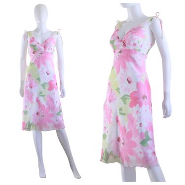 1990s / Y2K Pink & Yellow Floral Slip Dress - 90s Slip Dress - 90s Pink Slip Dress - Vintage Slip Dress - 90s Spring Dress  | Size Medium 