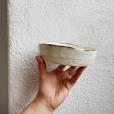 White and Gold Porcelain Ceramic Plate. 6 Inch ceramic plate. The Object Enthusiast. Ceramic Salt Cellar or Serving Dish. 