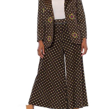 1970S MR DINO Black & Gold Polyester Jersey Geometric Print Pant Suit 