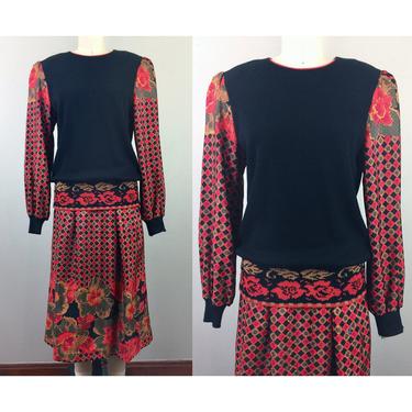 Vintage 80s Puffy Sleeve 2 Piece Set Floral Sweater Knit Top and Silky Skirt Red and Black S/M 