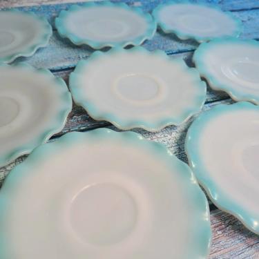 Vintage Hazel Atlas Crinoline Saucers - Aqua/Teal/Blue - Retro Kitchen Set of 8 - Turquoise Dishes - HA 
