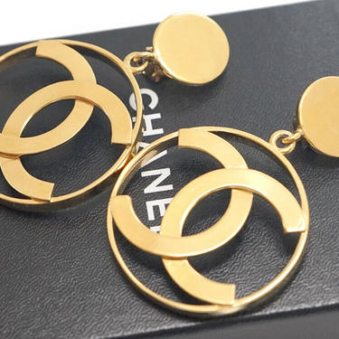 Vintage 90's CHANEL CC Logo Dangle Hoop XL Gold Metal Earrings Jewelry Clip on - Wow!! Collectors Item!! 