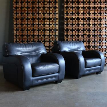 Roche Bobois Black Pebble Leather Lounge Chairs, circa 1990