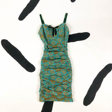 90s Betsey Johnson Teal and Tan Fishnet Floral Spaghetti Strap Wiggle Dress / Ruched / Gathered / Velvet Bra Straps / Size 6 / Slip Dress by badatpettingcats