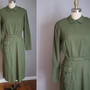 AS-IS Early 1940s L'Aiglon Dress // Green Wool with Pockets // Small 