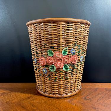 Vintage Wicker Woven Waste Paper Basket, Powder Room Trash Can - Pink Roses, Blue Forget Me Not Flowers, Grandma Chic, English Country 