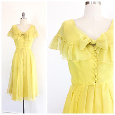 60s Yellow Helen Rose Chiffon Party Dress / 1960s Vintage Cocktail Dress / Medium / Size 8 