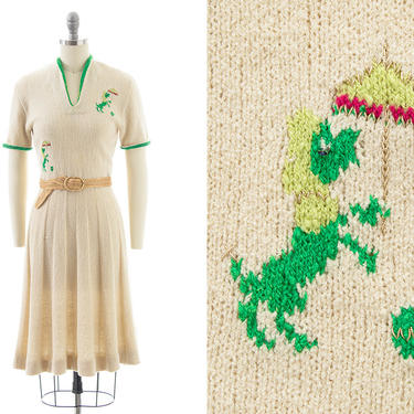 Vintage 1950s Sweater Dress | 50s Circus Poodle Novelty Print Knit Wool Cream Green Fit and Flare Fall Winter Dress (x-small/small) 