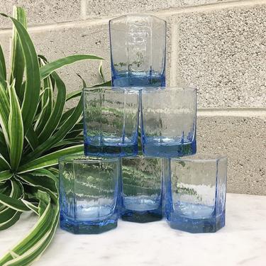 Vintage Drinking Glasses Retro 1980s Clear Blue + Glass + Short + Hexagon Shape + Set of 6 Matching + Serving ware + Kitchen and Home Decor 