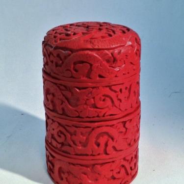 Chinese Red Cinnabar Four Tiered Lidded Circular Box 