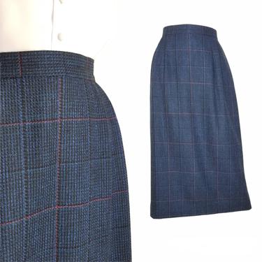 Vintage Blue Plaid Skirt, Medium / Wool Silk Blend Pencil Skirt / Calf Length 1980s Straight Winter Skirt / Vintage Office Work Midi Skirt 