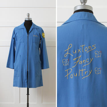 mens vintage work smock • chore coat • chainstitch embroidered Luxtons Fancy Poultry • vintage American workwear 