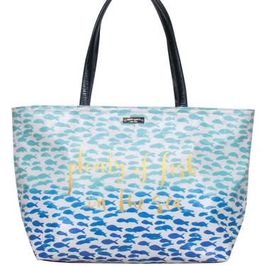Kate Spade - White & Blue Fish Print Leather Tote w/ “Plenty of Fish in the Sea” Text