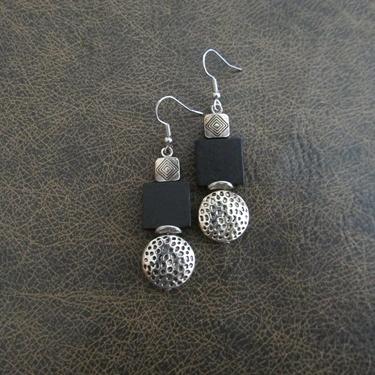 Wooden earrings, silver animal print earrings, Afrocentric earrings, mid century modern earrings, African earrings, bold statement, black 