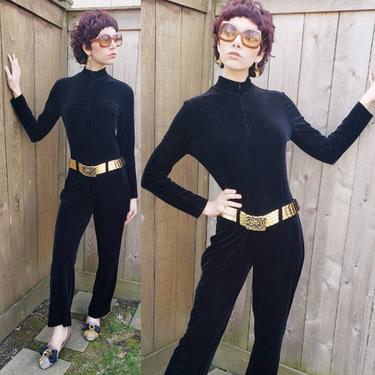 1990s Black Velvet Jumpsuit / 90s Long Sleeved Zip up Onesie Body Action Design / Med / Lucienne 