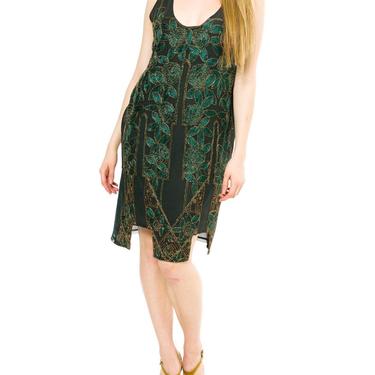 1920S Emerald Green Silk Chiffon Rose Embroidered & Gold Beaded Cocktail Dress 