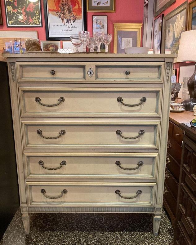 Empire style painted chest with laminate top. 5 drawers. 37.5” x 18” x 46.5 