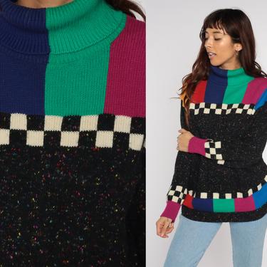 Rainbow Checkered Sweater 80s Color Block Turtleneck Sweater Black Flecked Knit Sweater Pullover Vintage 90s Retro Slouchy Print Small 