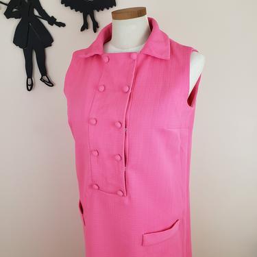 Vintage 1960's Bright Pink Shift Dress / 70s Polyester Bubblegum Day Dress L 