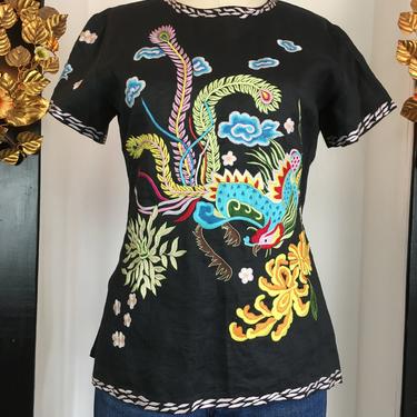 Vintage asian blouse, embroidered blouse, black linen blouse, novelty print shirt, Chinese rooster blouse, ethnic blouse, 36 38 bust, medium 