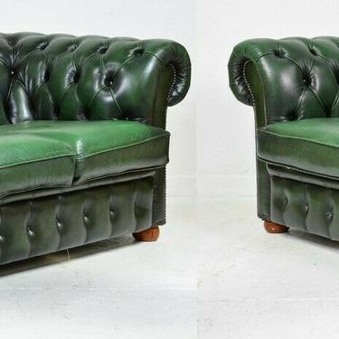 Sofa and Loveseat, Chesterfield, Green Leather From England, Gorgeous Set!