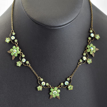 Dainty vintage Michal Negrin brass enamel rhinestone bib, elegant Victorian style green floral Swarovksi elements designer bling necklace 
